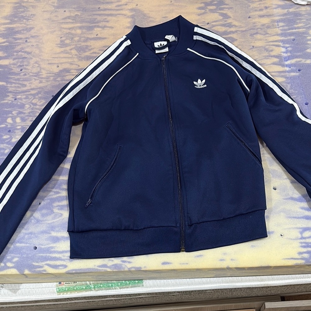 Adidas Dark Blue Zip-Up Jacket with White Stripes